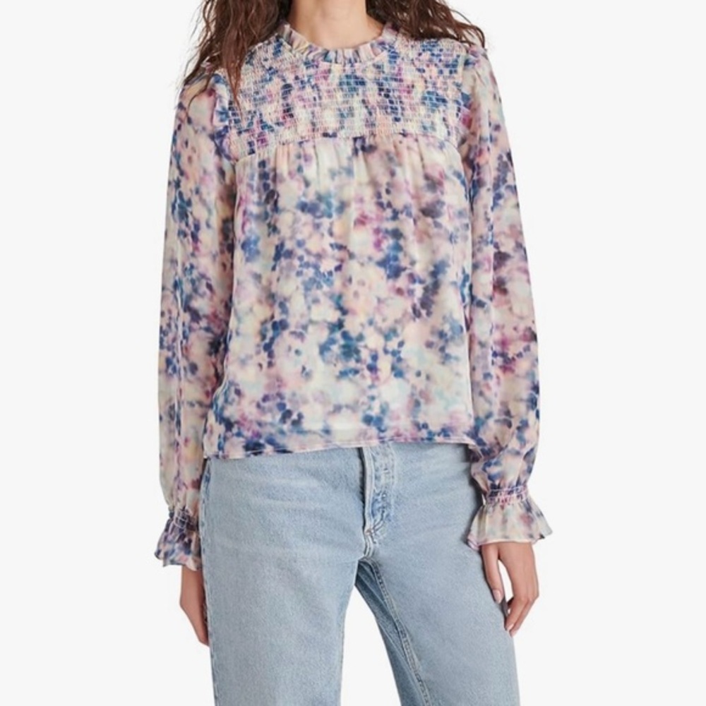 Steve Madden Soleil Boho Smocked, Abstract Print Blouse NWT Sz S Ret $69